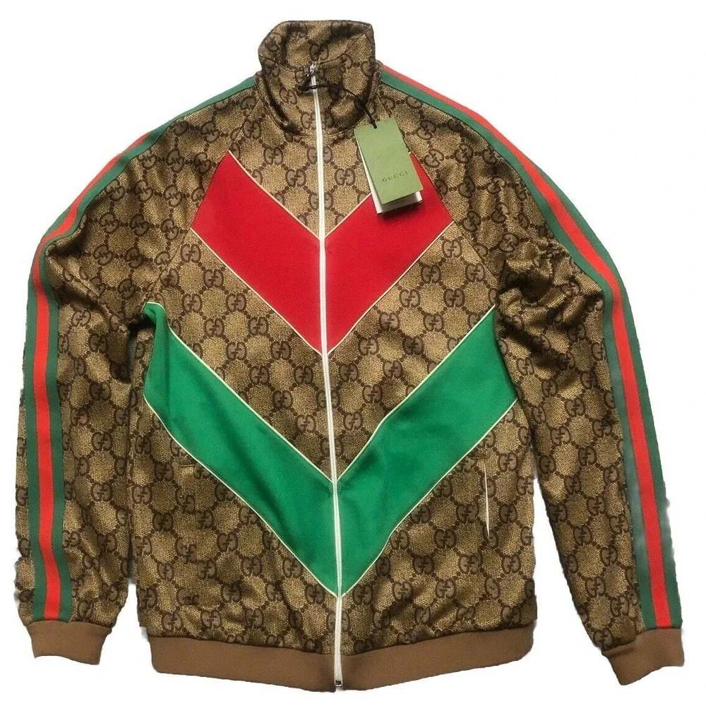 Gucci Monogram Track Jacket Technical Jersey W/Web Print Unisex M Vtg Camel NEW‎